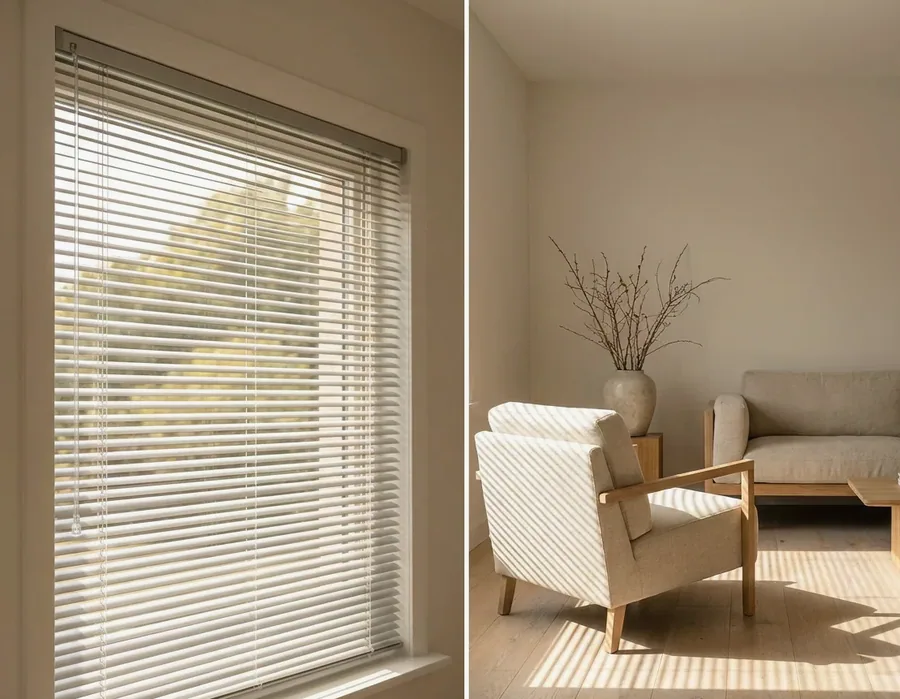 Aluminium venetian blind, horizontal slats tilted to throw striped light across a living room