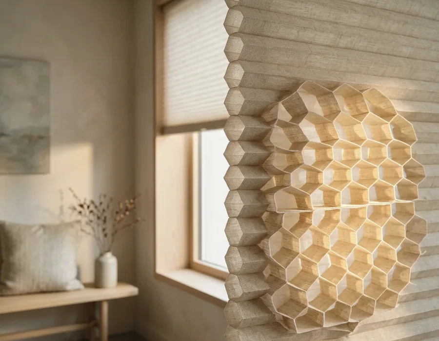 Cellular honeycomb blind with its insulating air cells visible in cross-section at the window