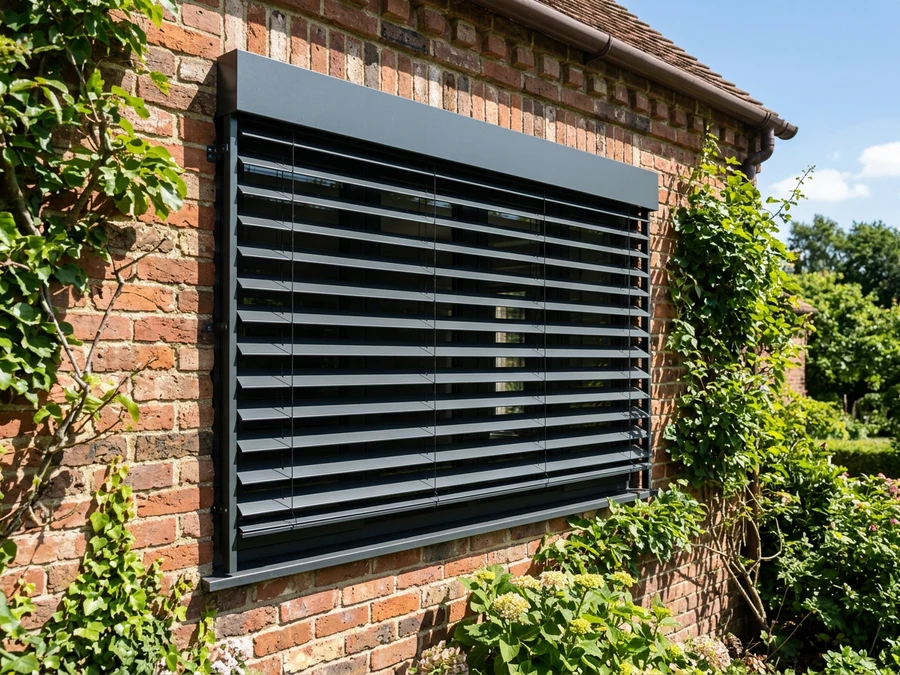 Aluminium external venetian blinds mounted outside a sunlit window, wide slats tilted to block direct sun