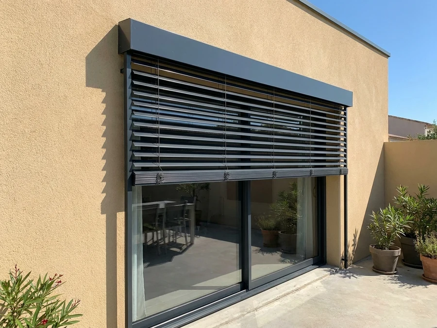 Aluminium external venetian blinds fitted above a patio sliding door, slats angled to cut glare