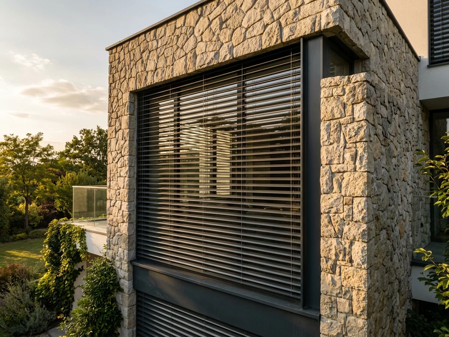 External venetian blinds mounted on a west-facing wall, slats half-closed against low afternoon sun