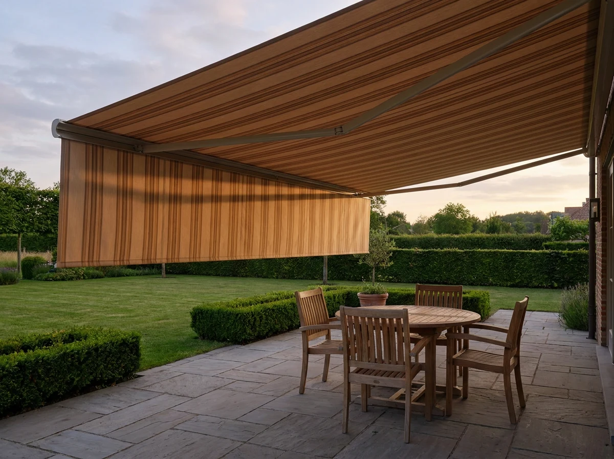 Folding-arm awning extended over a patio dining set, garden lawn and a low hedge beyond