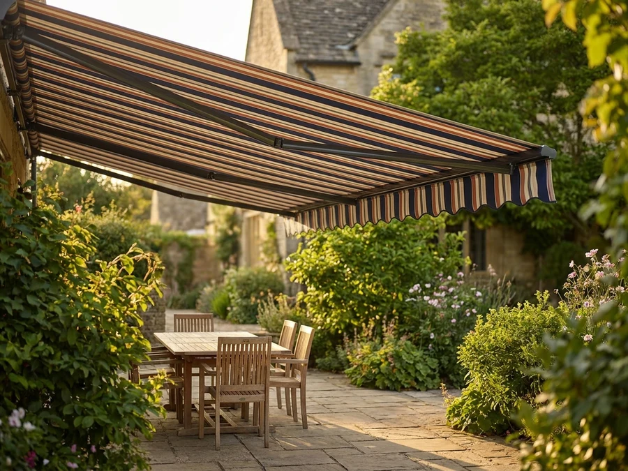 Folding-arm awning extended over an outdoor dining area, striped fabric canopy catching afternoon light