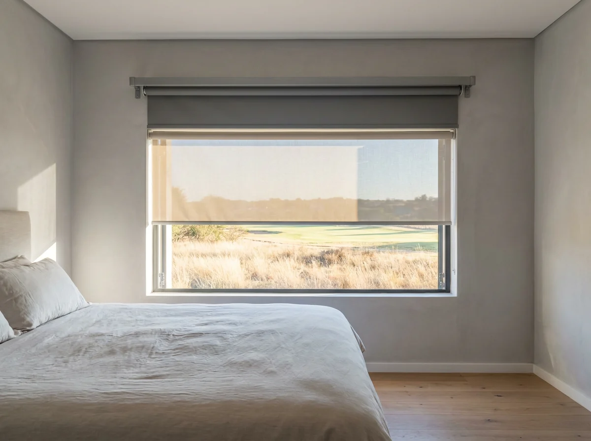 Bedroom window at Eye of Africa with a sheer sunscreen roller blind lowered and a blockout roller rolled up on its tube above it, veld grass and fairway visible through the sheer fabric