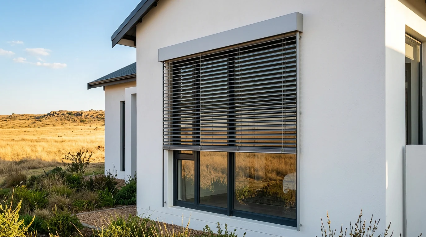 External venetian blind mounted outside the glass on the west wall of a modern estate house, aluminium slats part-lowered from a headbox with dry veld grass and a low ridge beyond
