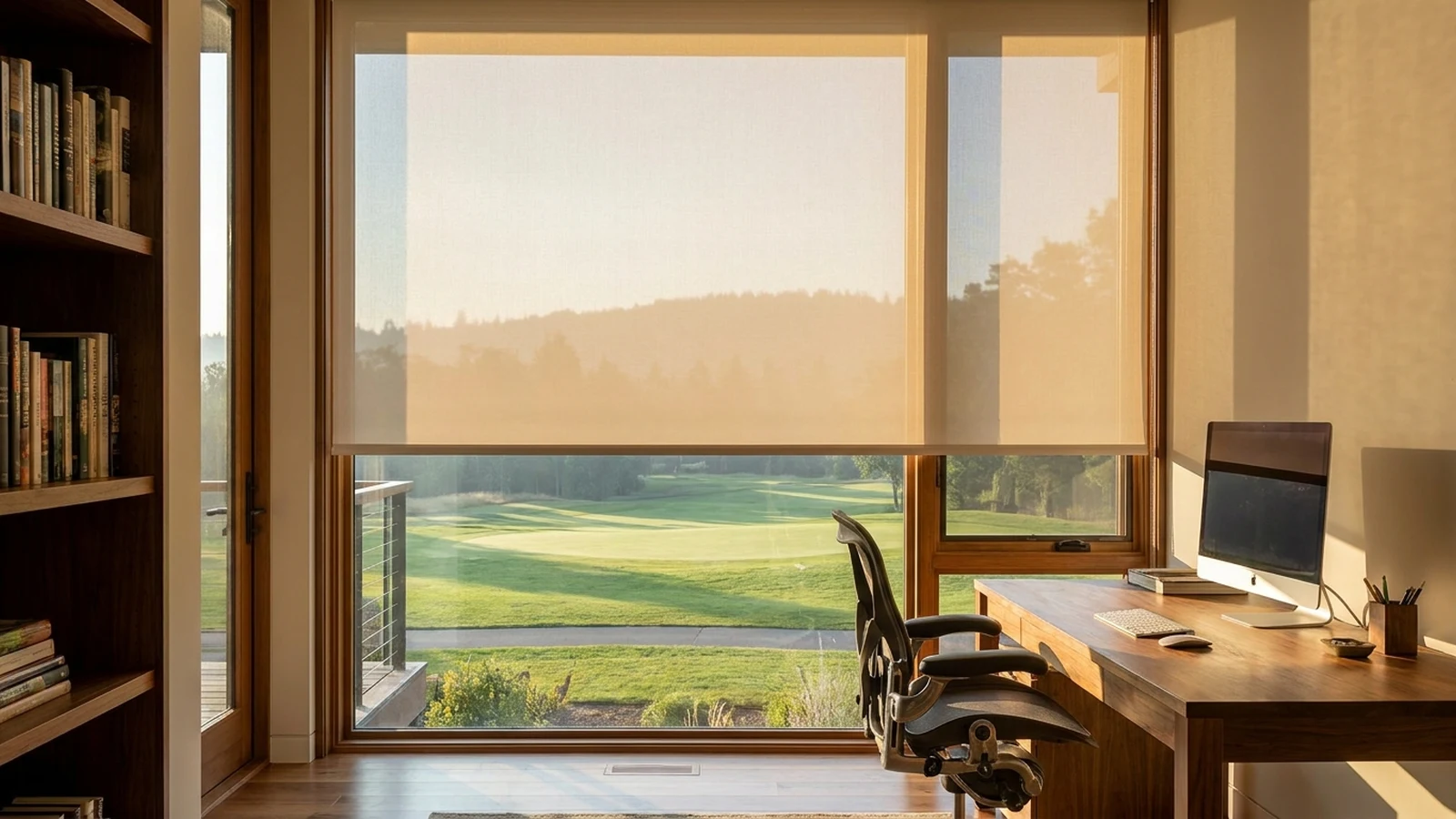 Sunscreen roller blind lowered halfway across a home-office window, an open fairway and distant ridge visible through the weave