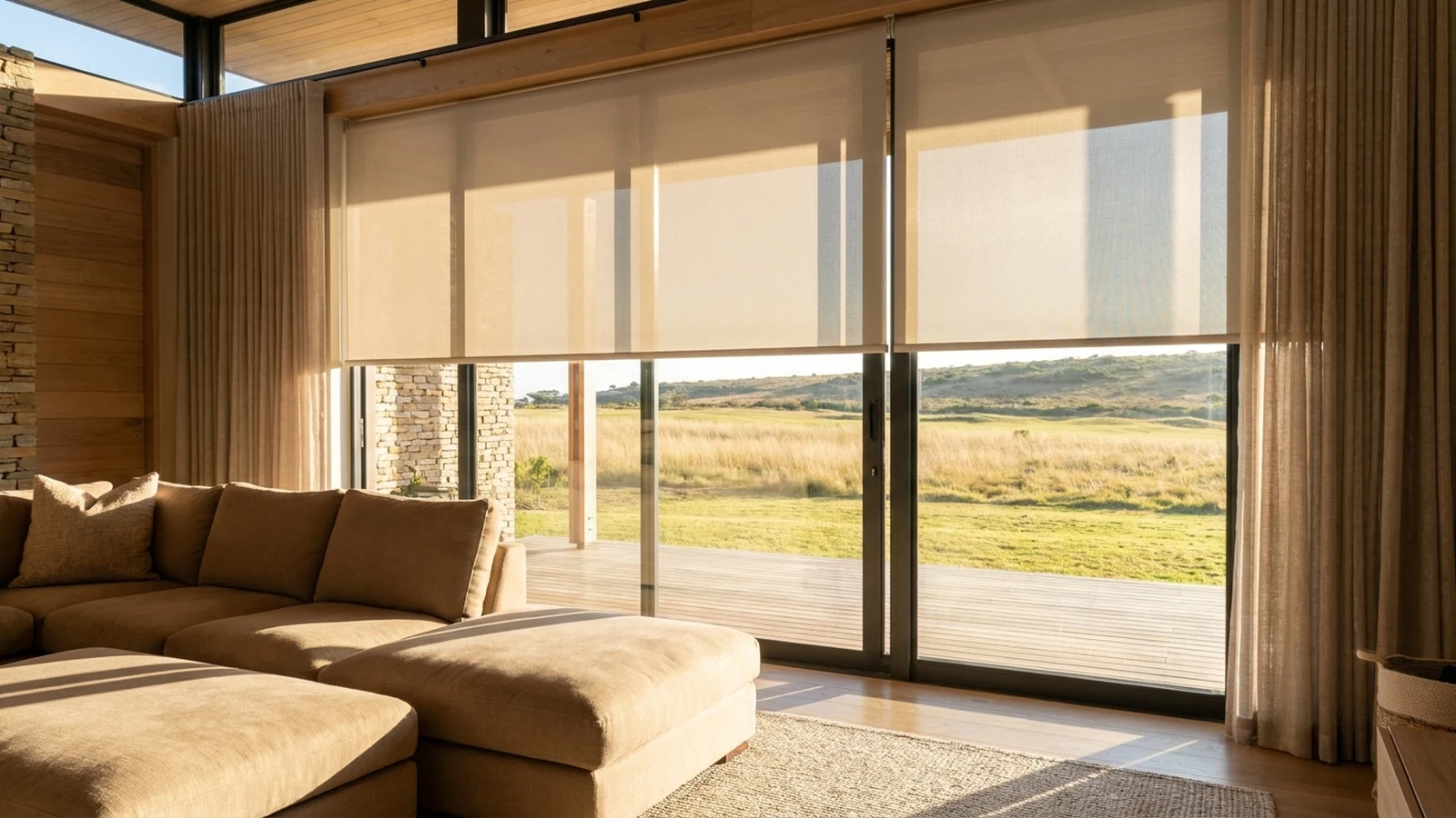 Sunscreen roller blind lowered halfway across a wide living-room glass wall, the fairway and a low ridge visible through the weave