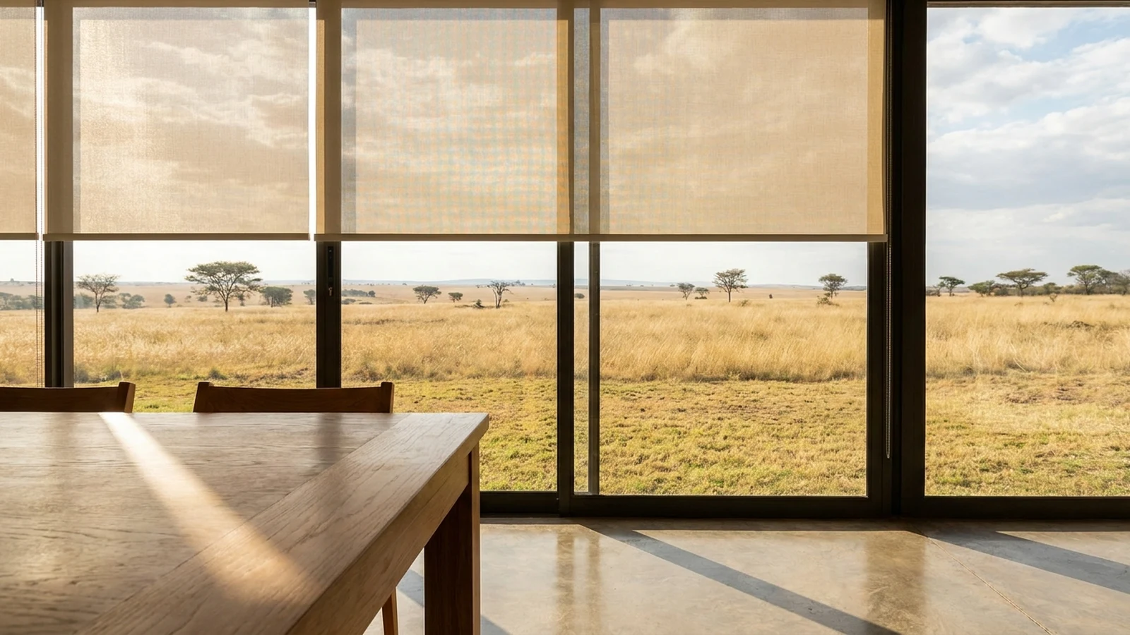 Sunscreen roller blind lowered halfway across a dining-room window, distant thorn trees and open Klip River valley grassland beyond