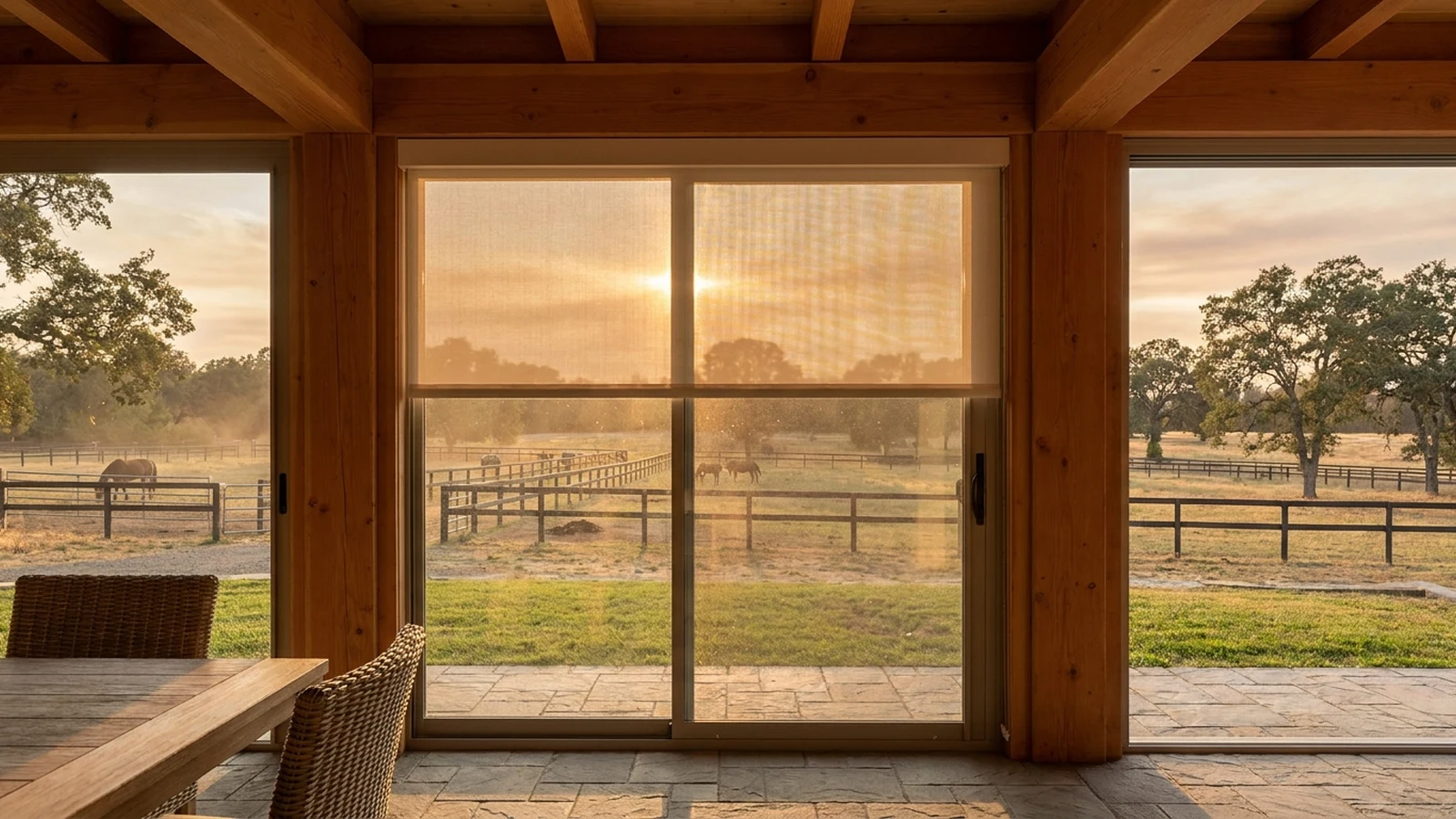 Sunscreen roller blind lowered halfway across a covered-patio sliding door, open Walkerville paddocks and scattered trees beyond