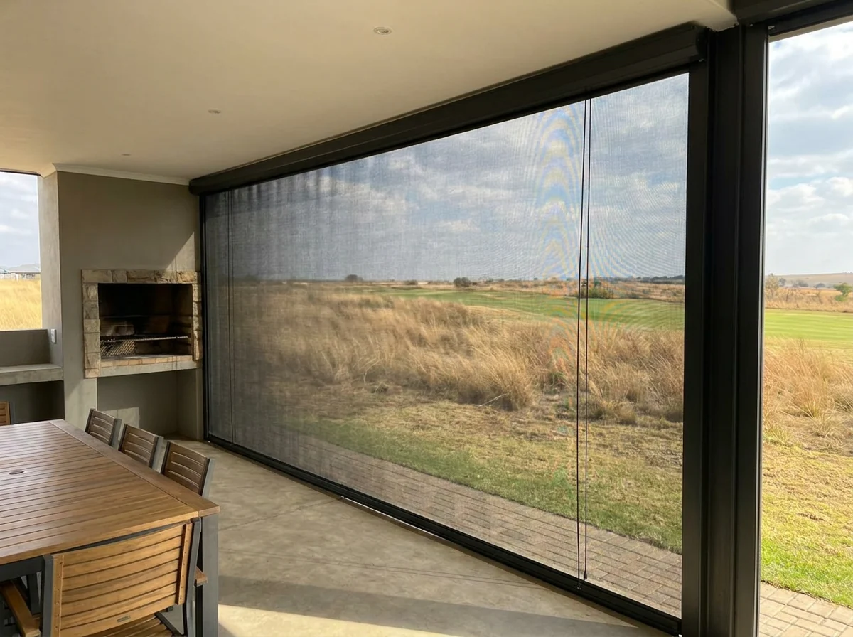 Zip screen lowered across the open side of a covered braai patio, tensioned mesh filtering the view of the fairway and windswept veld beyond