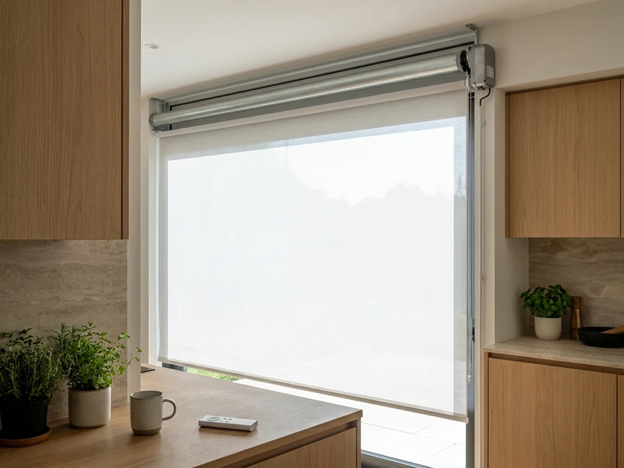 Motorised roller blind lowered over a bright kitchen window, small remote control resting on the counter