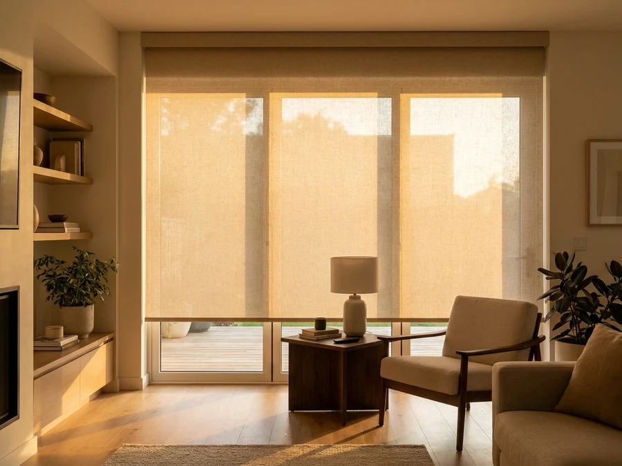 Motorised roller blind lowered over a living-room window, remote control resting on a side table