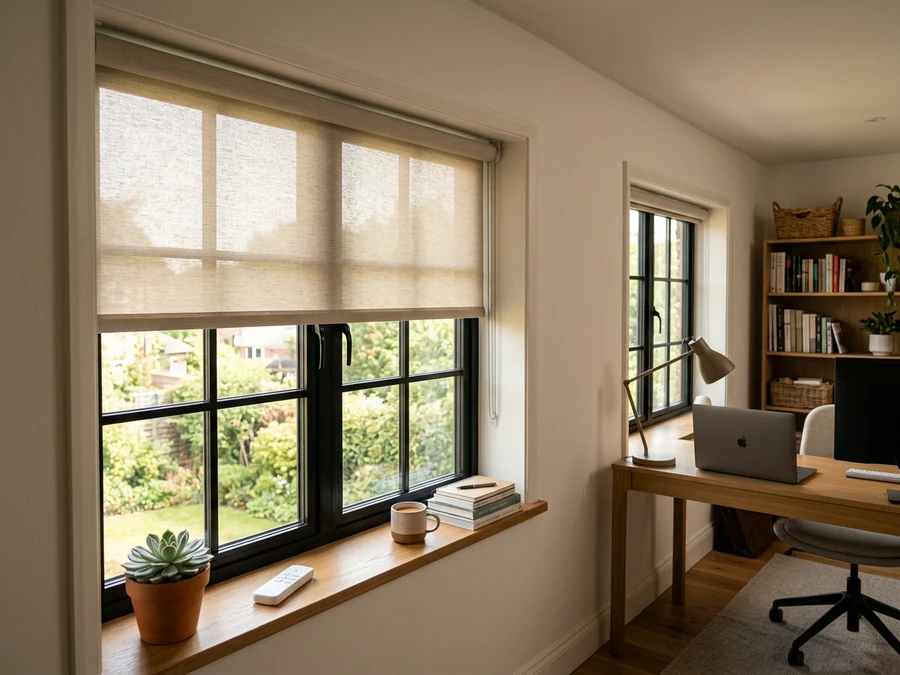 Motorised roller blind partly lowered over a home-office window, remote control resting on a shelf