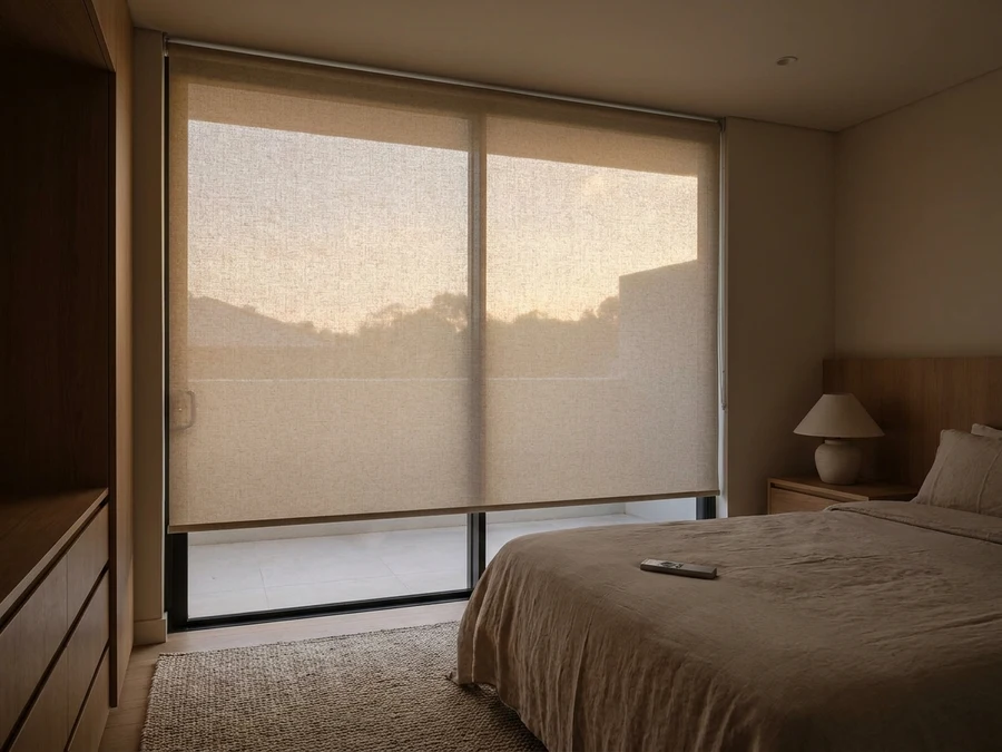 Motorised roller blind lowered over a bedroom window, remote control resting on a nightstand at evening light