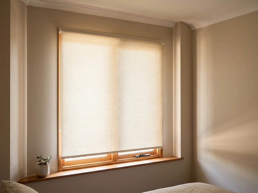 Cream blockout roller blind lowered fully across a bedroom window — a single smooth panel on a tube