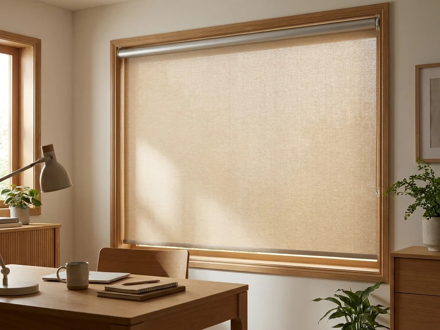Pale grey roller blind partly lowered across a dining-room window, warm evening light