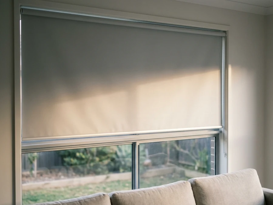 Sand-toned roller blind lowered across a home-office window, tube mechanism visible at the top