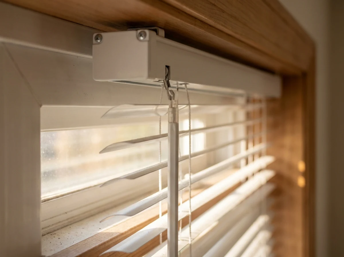 Close-up of a white aluminium venetian blind headrail and tilt mechanism, slats angled to filter light