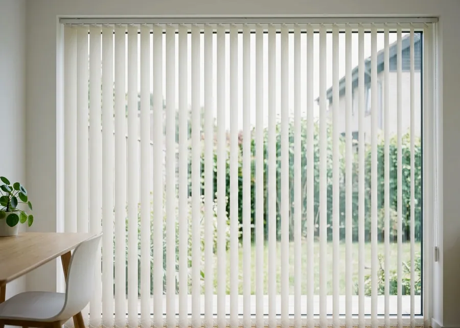Vertical blind vanes drawn across a wide sliding door onto the garden